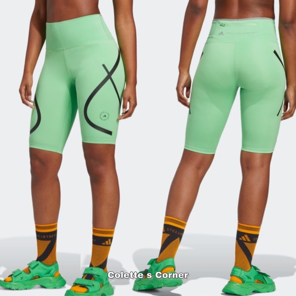 ADIDAS BY STELLA MCCARTNEY TRUEPACE CYCLING SHORTS GREEN BLACK HIGH WAISTED BIKE - Picture 3 of 3